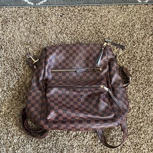 Brown Leather Checkered Print Adjustable Spacious Purse/Backpack